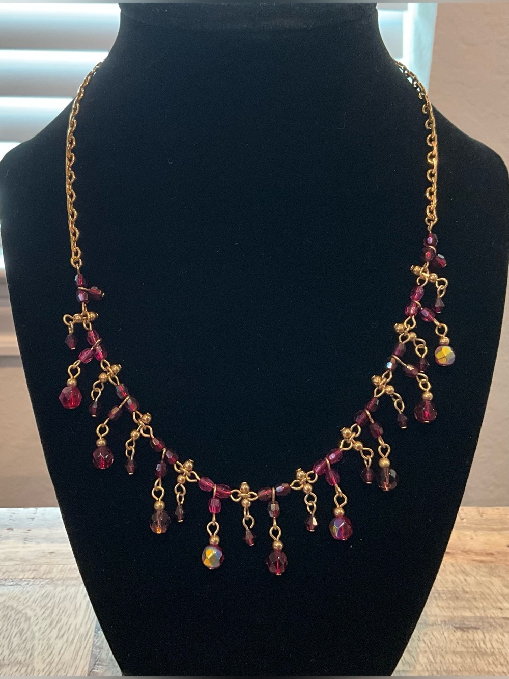 Gold Colored Chain Necklace with Ruby Red Bead Drops